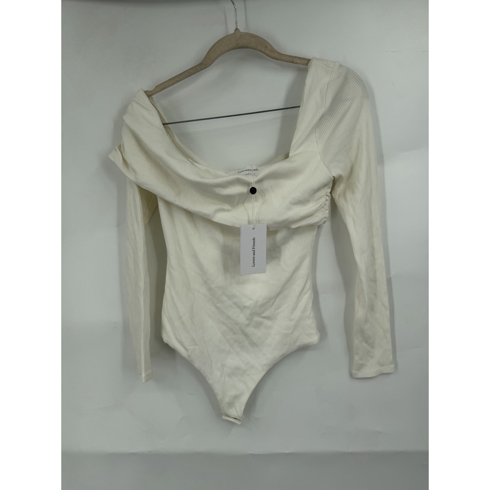 Lovers + Friends Florence Bodysuit Women M Ivory Long Sleeve Surplice Coquette